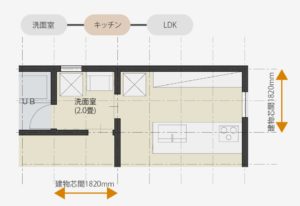 I型対面キッチンと洗面室レイアウト